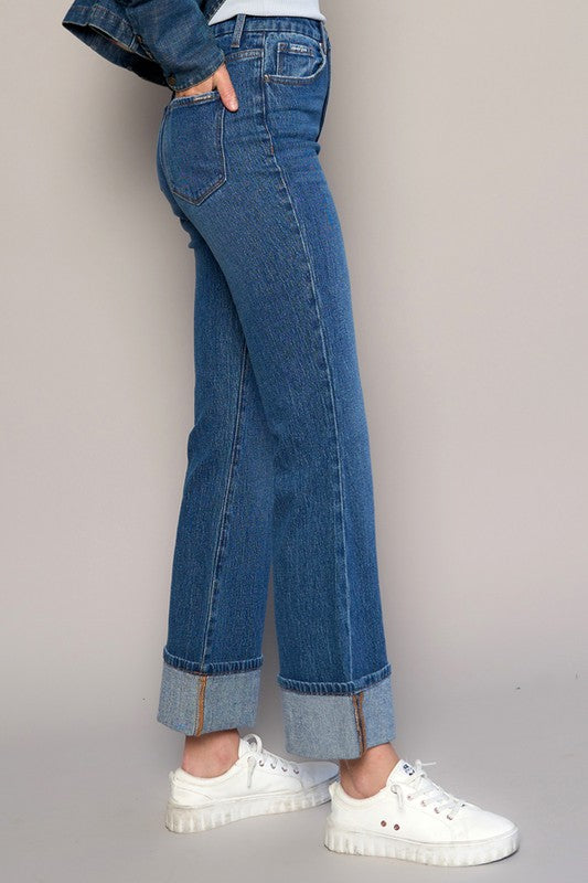 Dark High Rise Cuffed Cropped Boot Cut Jeans - Tigbul's Variety Fashion Shop