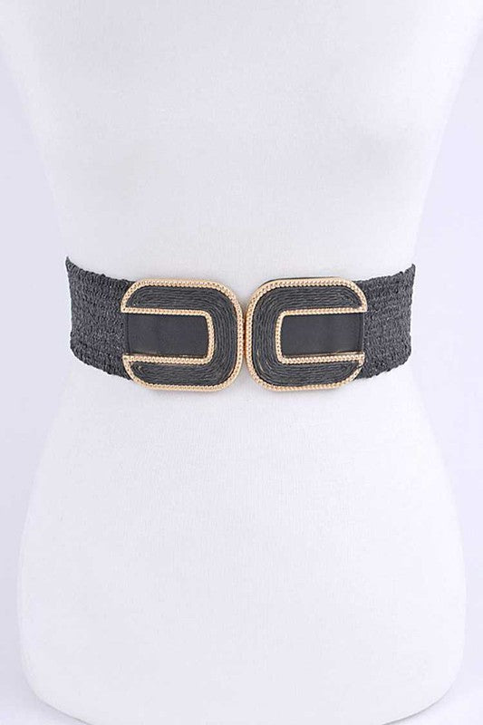 Double Buckle Faux Straw Elastic Belt - Tigbul's Variety Fashion Shop
