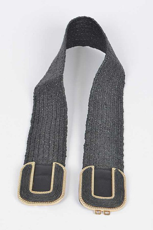 Double Buckle Faux Straw Elastic Belt - Tigbul's Variety Fashion Shop