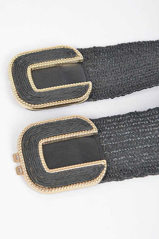 Double Buckle Faux Straw Elastic Belt - Tigbul's Variety Fashion Shop