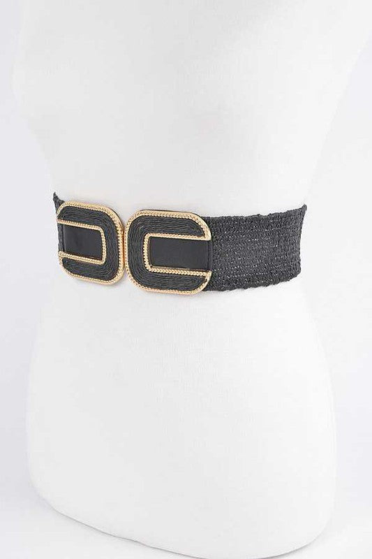 Double Buckle Faux Straw Elastic Belt - Tigbul's Variety Fashion Shop
