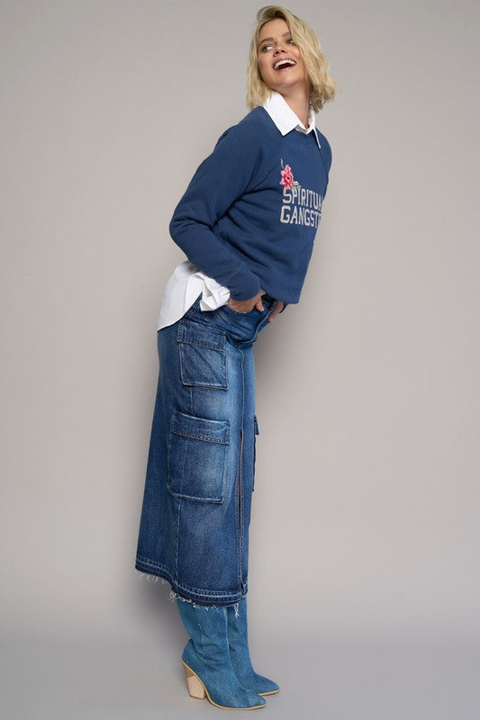 Dark Wash Cargo Pocket Long Denim Skirt - Tigbul's Variety Fashion Shop