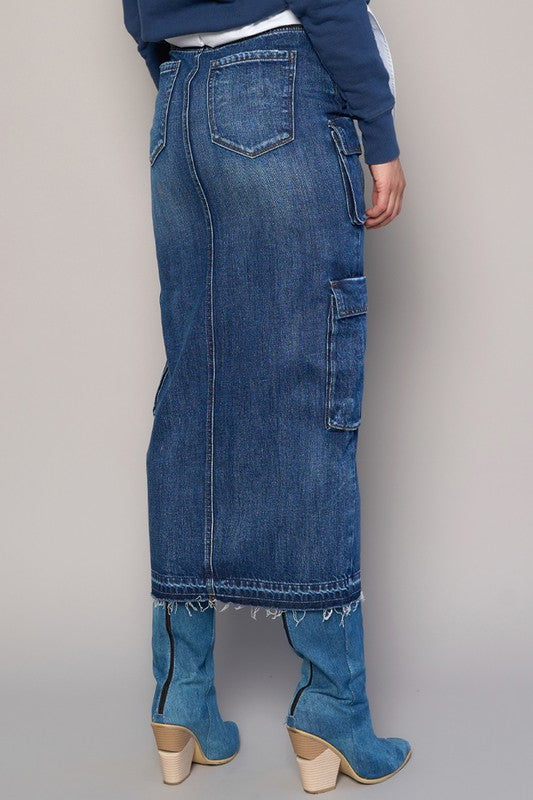 Dark Wash Cargo Pocket Long Denim Skirt - Tigbul's Variety Fashion Shop