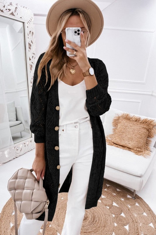 Plus Eyelet sweater button crochet knit cardigan - Tigbul's Variety Fashion Shop