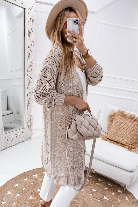 Plus Eyelet sweater button crochet knit cardigan - Tigbul's Variety Fashion Shop