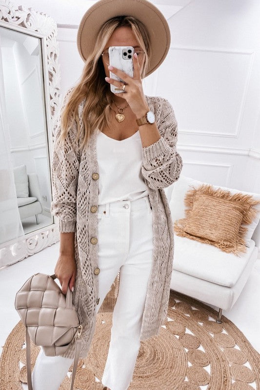 Plus Eyelet sweater button crochet knit cardigan - Tigbul's Variety Fashion Shop