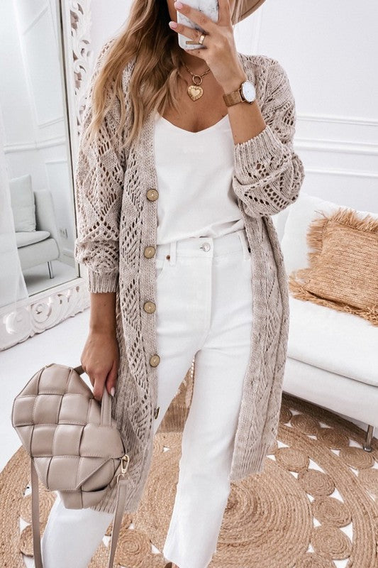Plus Eyelet sweater button crochet knit cardigan - Tigbul's Variety Fashion Shop