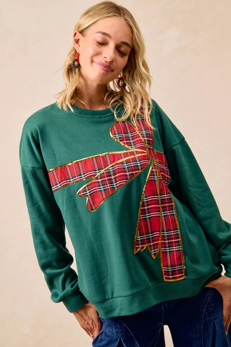 Plaid Ribbon Bow Detail Christmas Fleece Pullover Sweater - Tigbul's Variety Fashion Shop