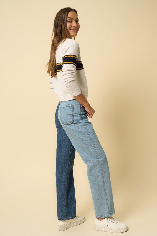 High Waist Light/Dark Wash Combo Crossover Straight Jeans - Tigbul's Variety Fashion Shop