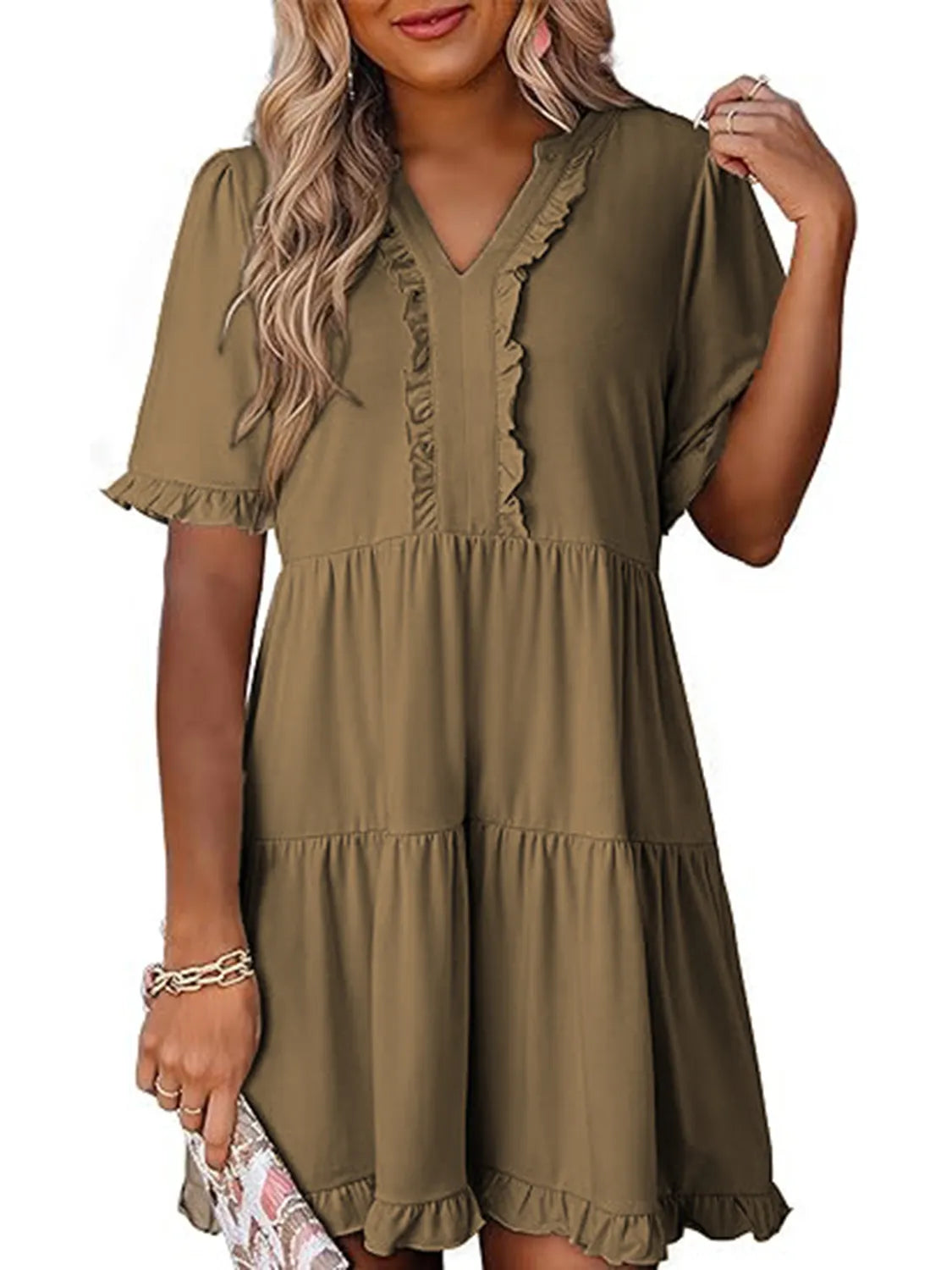 Tiered Notched Short Sleeve Mini Dress - Tigbul's Variety Fashion Shop
