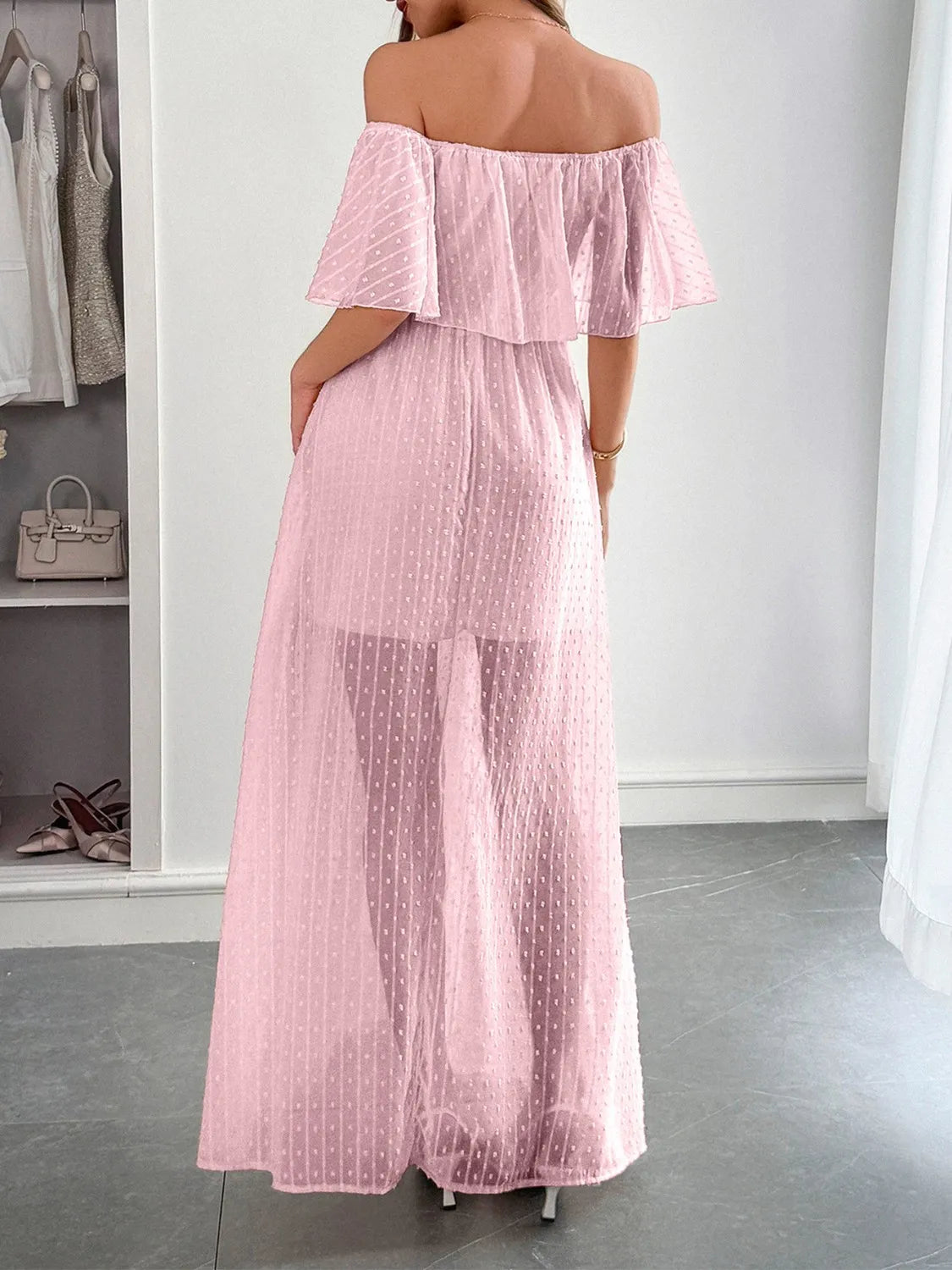 Swiss Dot Off Shoulder Maxi Dress - Tigbul's Variety Fashion Shop