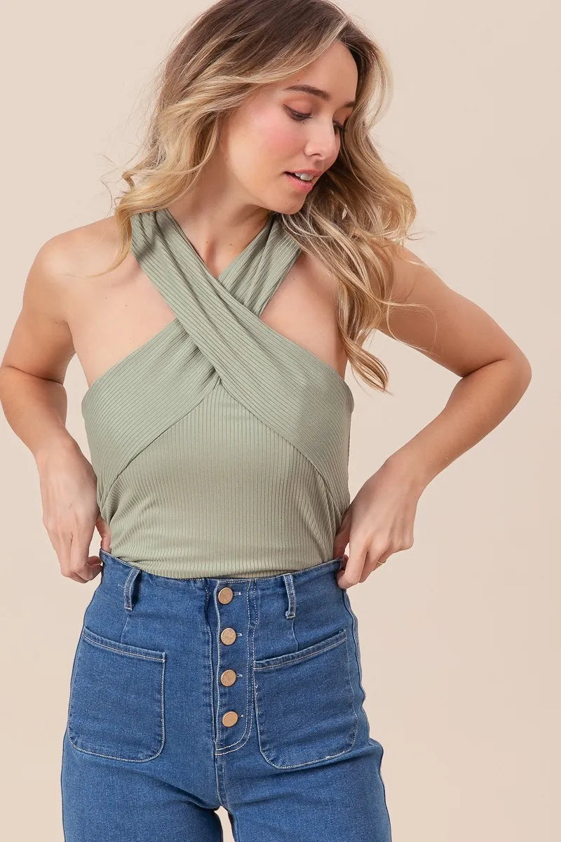 Rib Knit Cross Neck Banded Green Top - Tigbul's Variety Fashion Shop