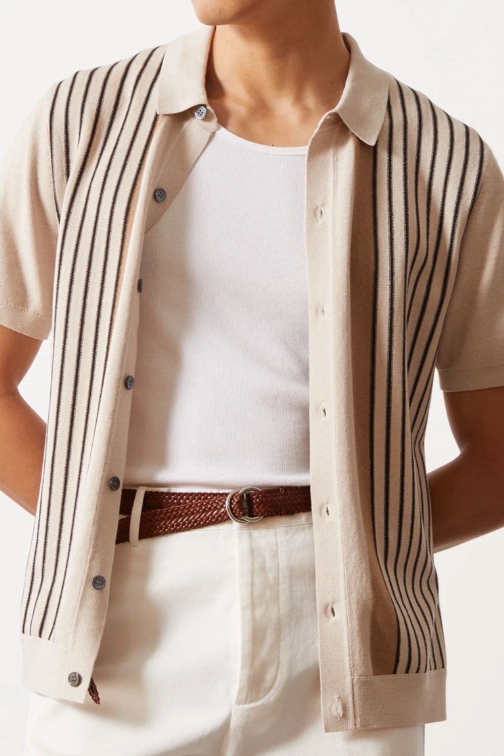 Men's Size L to 3XL Beige Striped Buttoned Short Sleeve Shirt - Tigbul's Variety Fashion Shop