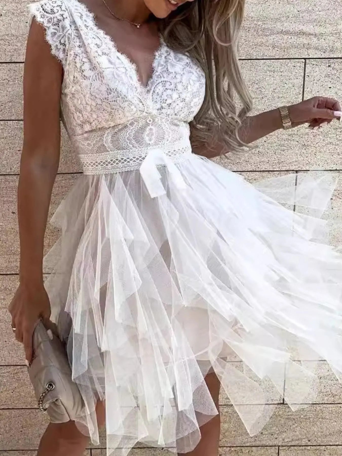 Lace V-Neck Ruffle Dress - Tigbul's Variety Fashion Shop