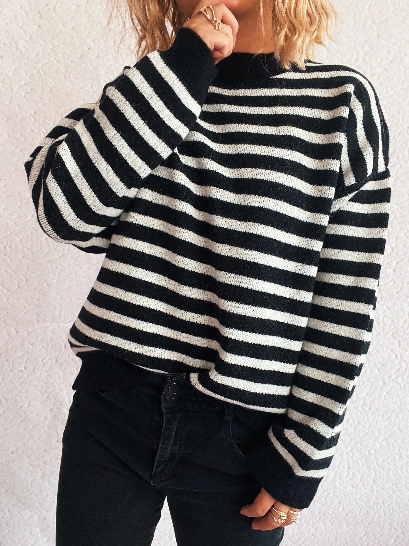Striped Mock Neck Long Sleeve Sweater - Tigbul's Variety Fashion Shop