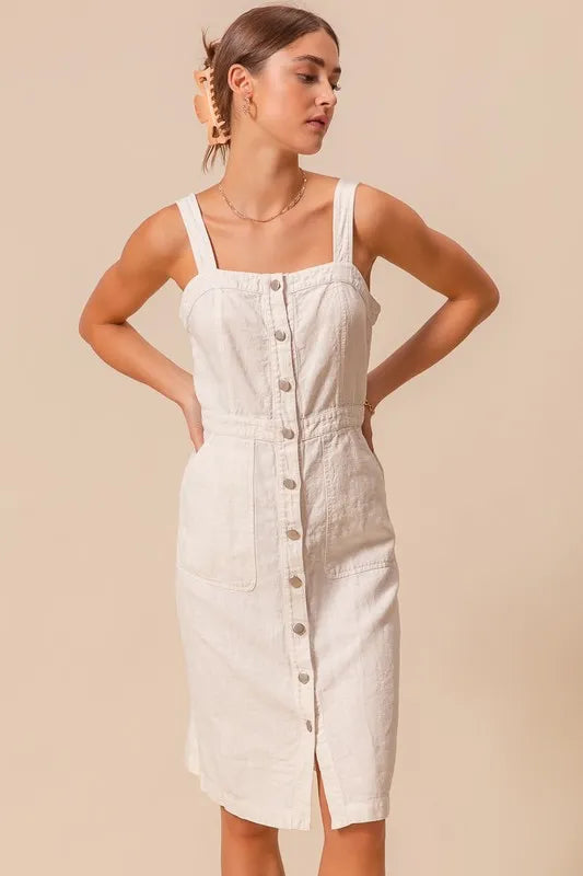Button Down Pocket Front Off White Pinafore Dress - Tigbul's Variety Fashion Shop