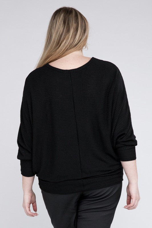 Plus Ribbed Batwing Long Sleeve Boat Neck Sweater - Tigbul's Variety Fashion Shop