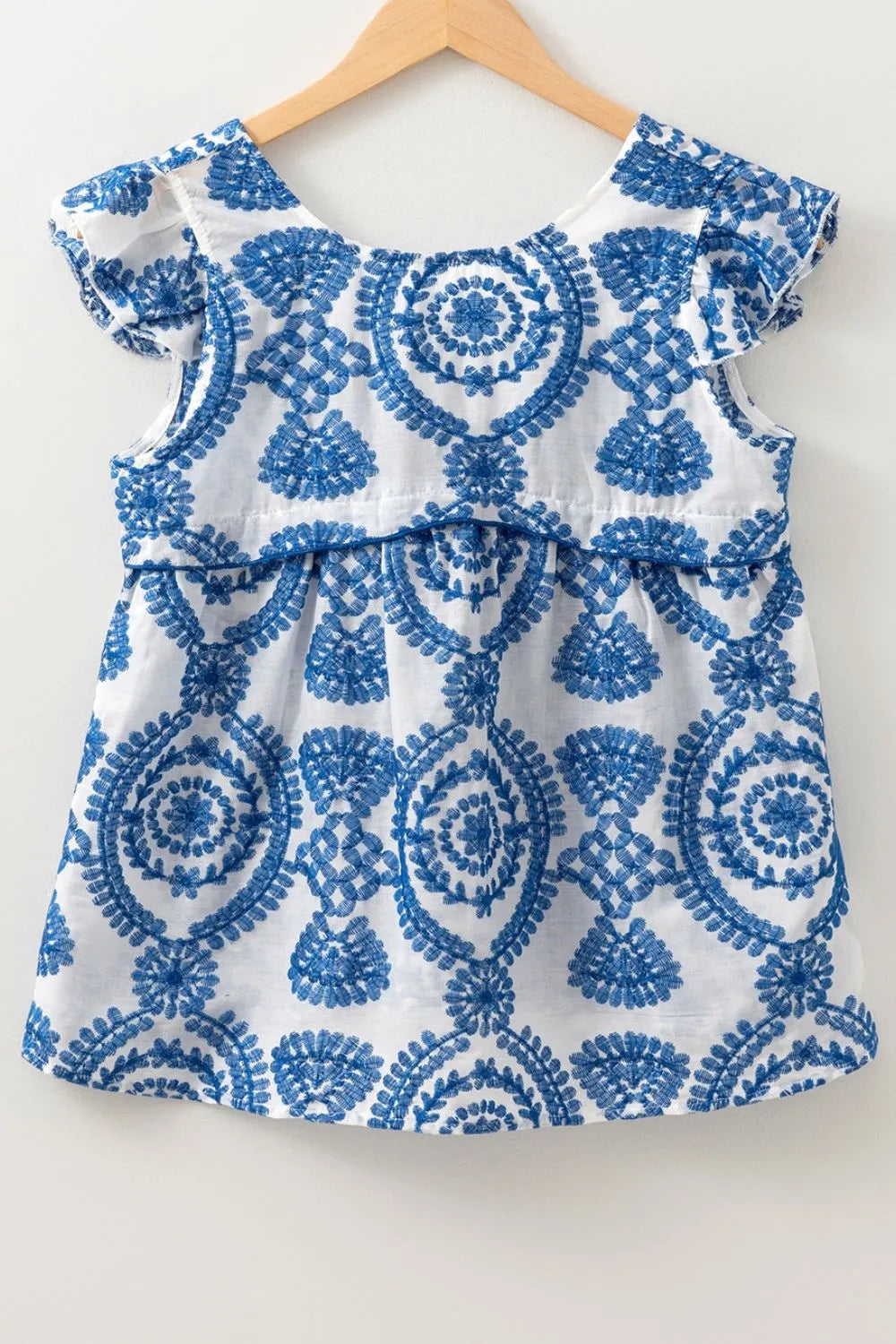 Boho Print Ruffled Cap Sleeve Crew Neck Blue Blouse - Tigbul's Variety Fashion Shop
