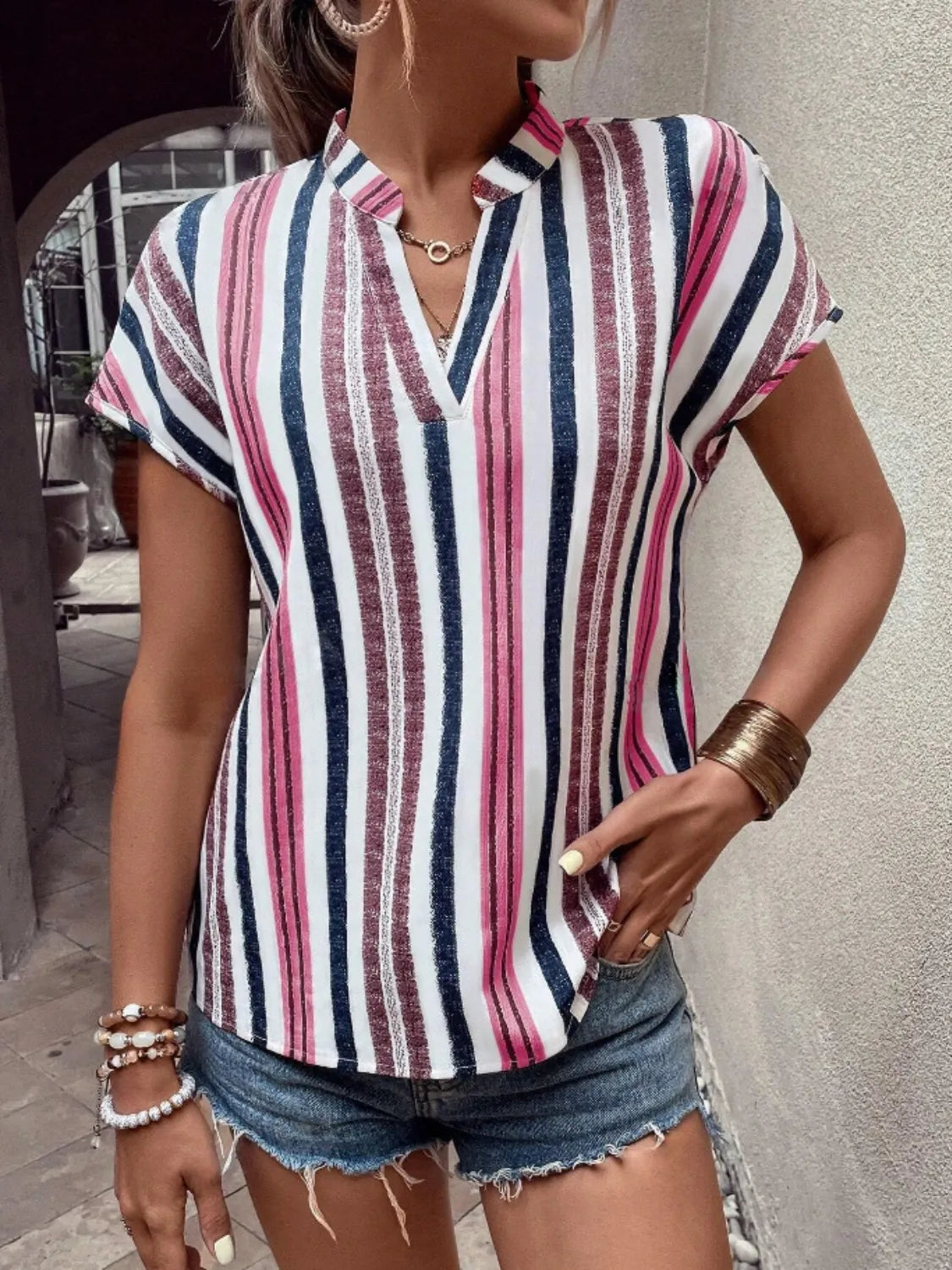 Striped Notched Short Sleeve Shirt - Tigbul's Variety Fashion Shop