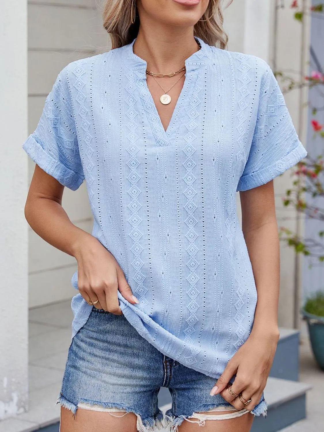 Eyelet Notched Short Sleeve Top - Tigbul's Variety Fashion Shop