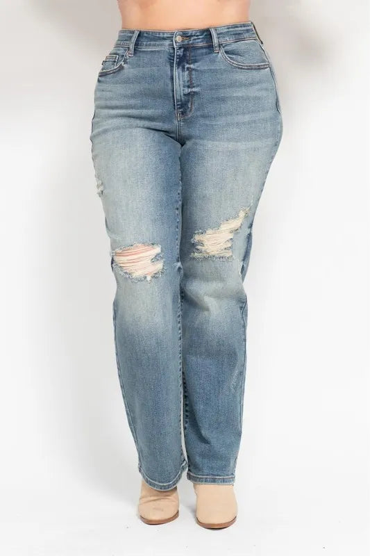 Judy Blue Full Size High Waist Distressed Dad Jean Plus Size - Tigbul's Variety Fashion Shop