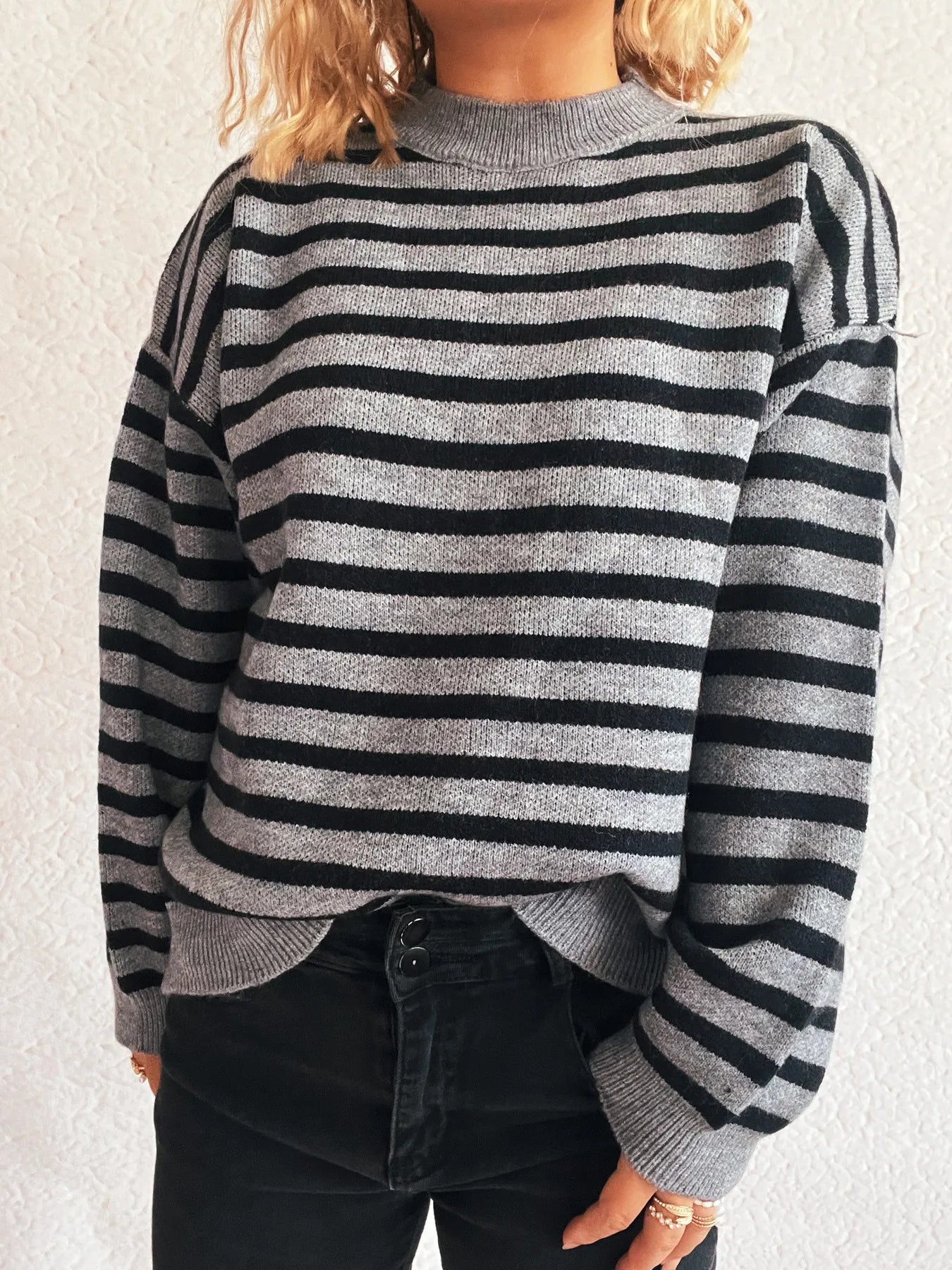 Striped Mock Neck Long Sleeve Sweater - Tigbul's Variety Fashion Shop