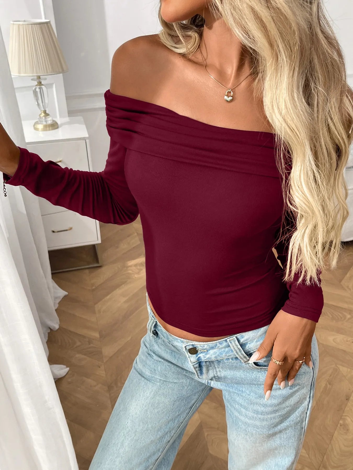 Off-Shoulder Long Sleeve Fitted T-Shirt - Tigbul's Variety Fashion Shop