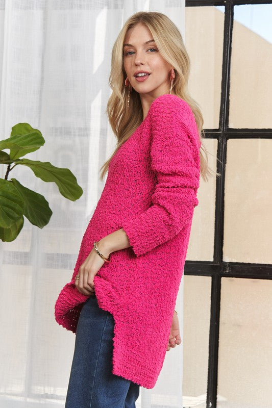 Hot Pink High-Low Side Slit V-Neck Sweater - Tigbul's Variety Fashion Shop