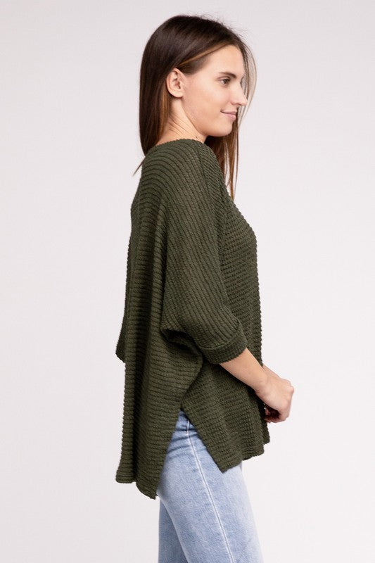 3/4 Sleeve V-Neck Hi-Low Hem Jacquard Sweater - Tigbul's Variety Fashion Shop