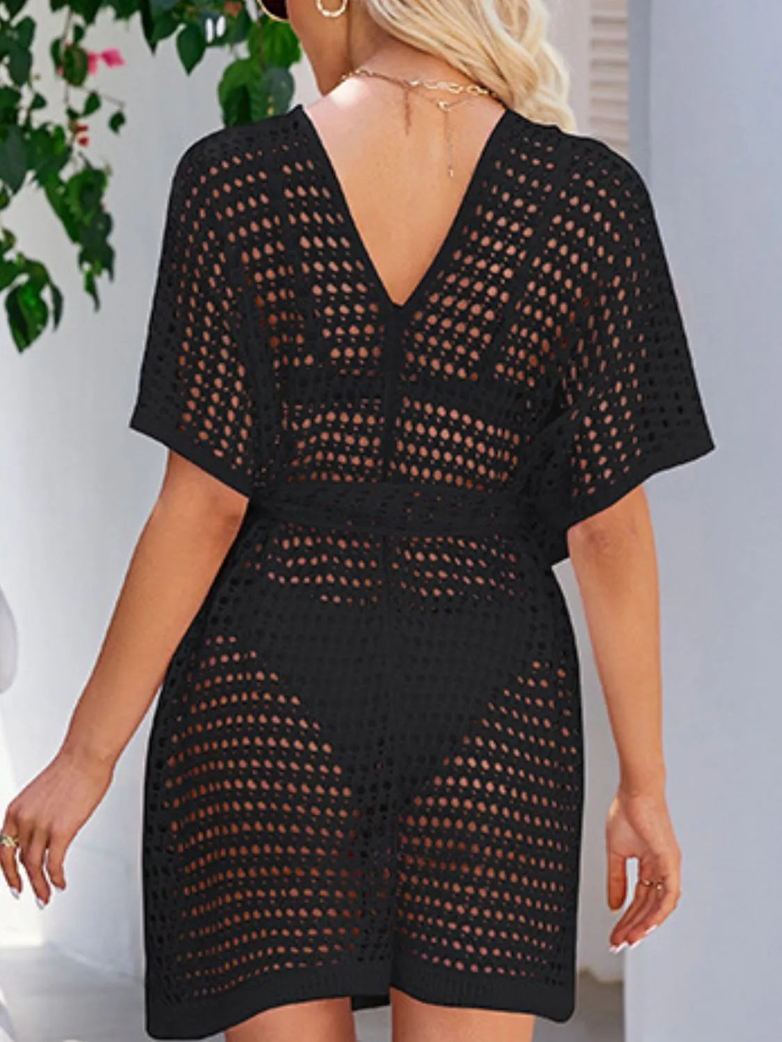 Open Front Tied Openwork Cover-Up - Tigbul's Variety Fashion Shop