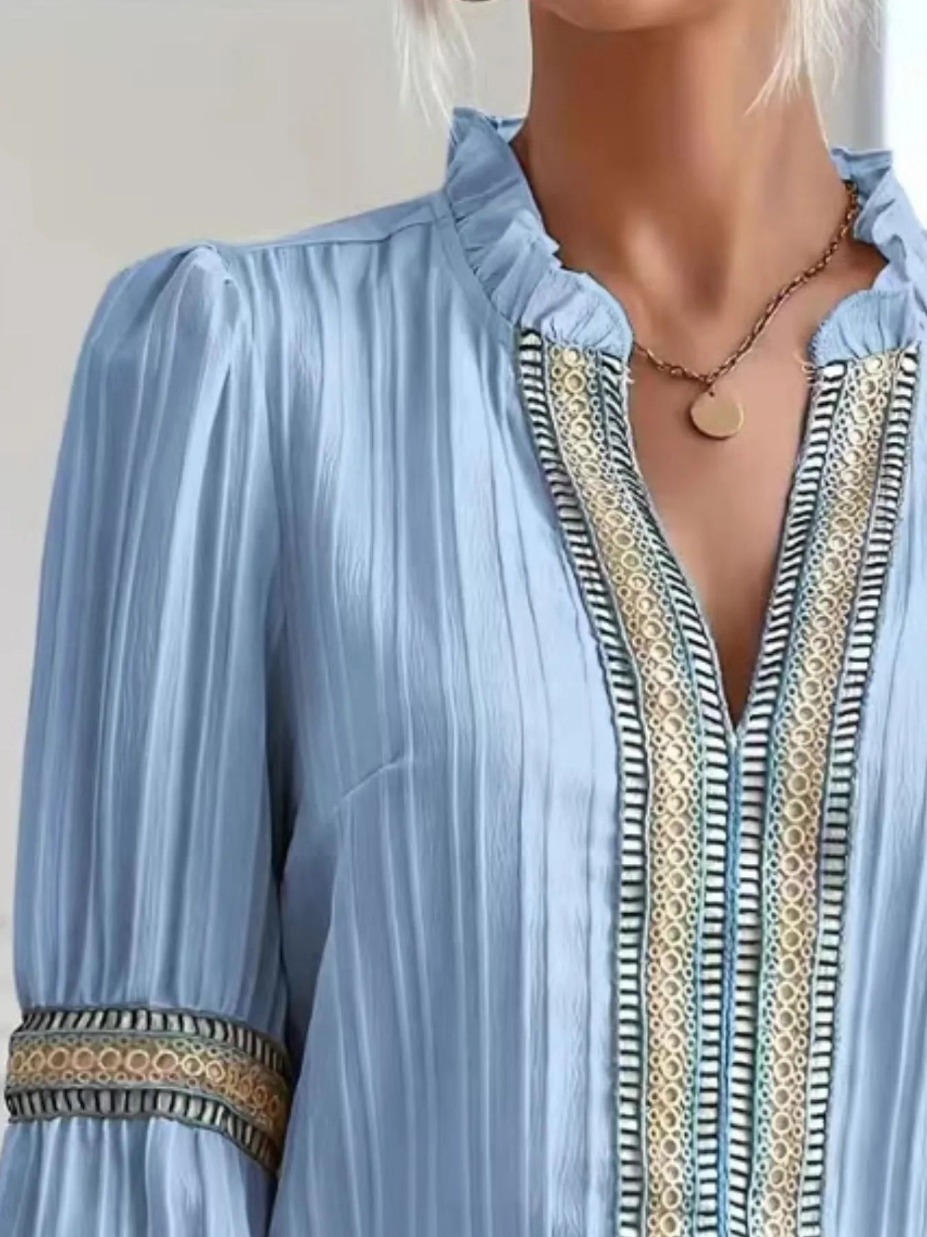 Notched Textured Balloon Sleeve Blouse - Tigbul's Variety Fashion Shop
