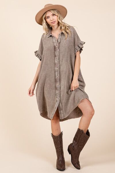 Toffee Color Mineral Wash Cotton Gauze Mini Shirt Dress - Tigbul's Variety Fashion Shop