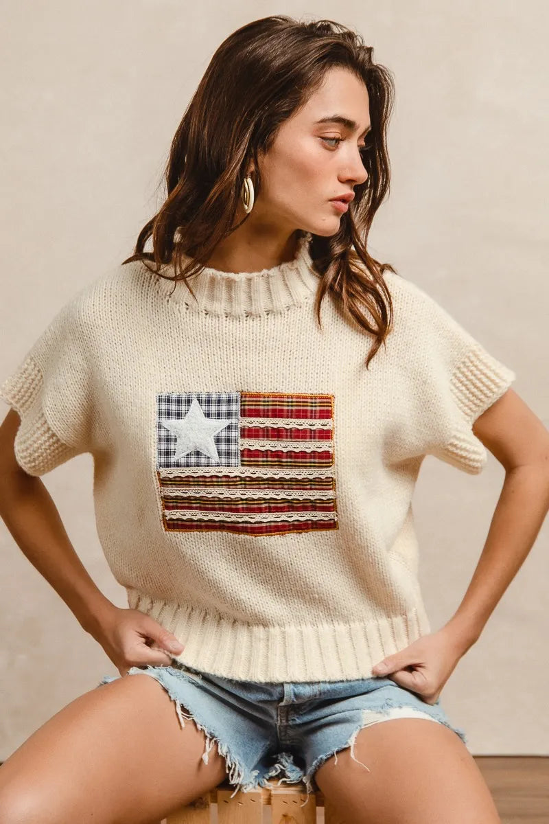 BiBi American Flag Patchwork Drop Shoulder Sweater - Tigbul's Variety Fashion Shop