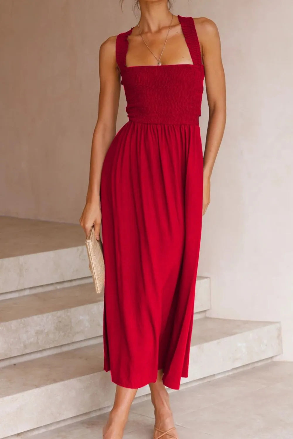 Crisscross Smocked Wide Strap Dress - Tigbul's Variety Fashion Shop