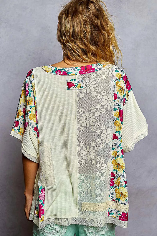 POL Lace Round Neck Short Sleeve Floral Pattern Top with Patch Detail - Tigbul's Variety Fashion Shop