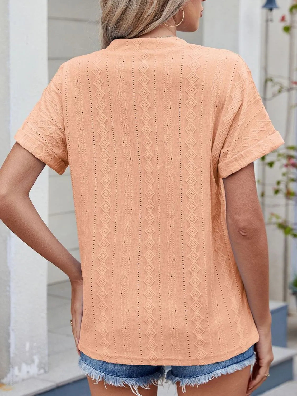 Eyelet Notched Short Sleeve Top - Tigbul's Variety Fashion Shop