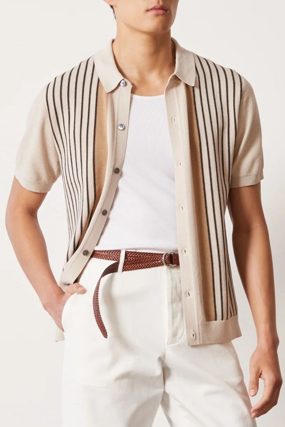 Men's Size L to 3XL Beige Striped Buttoned Short Sleeve Shirt - Tigbul's Variety Fashion Shop