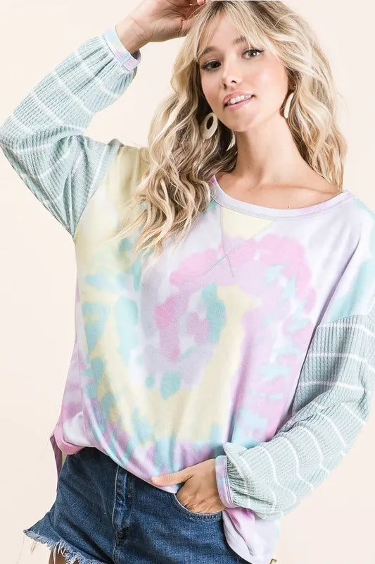 BiBi Tie Dye Terry Top with Wide Stripe Thermal Waffle - Tigbul's Variety Fashion Shop