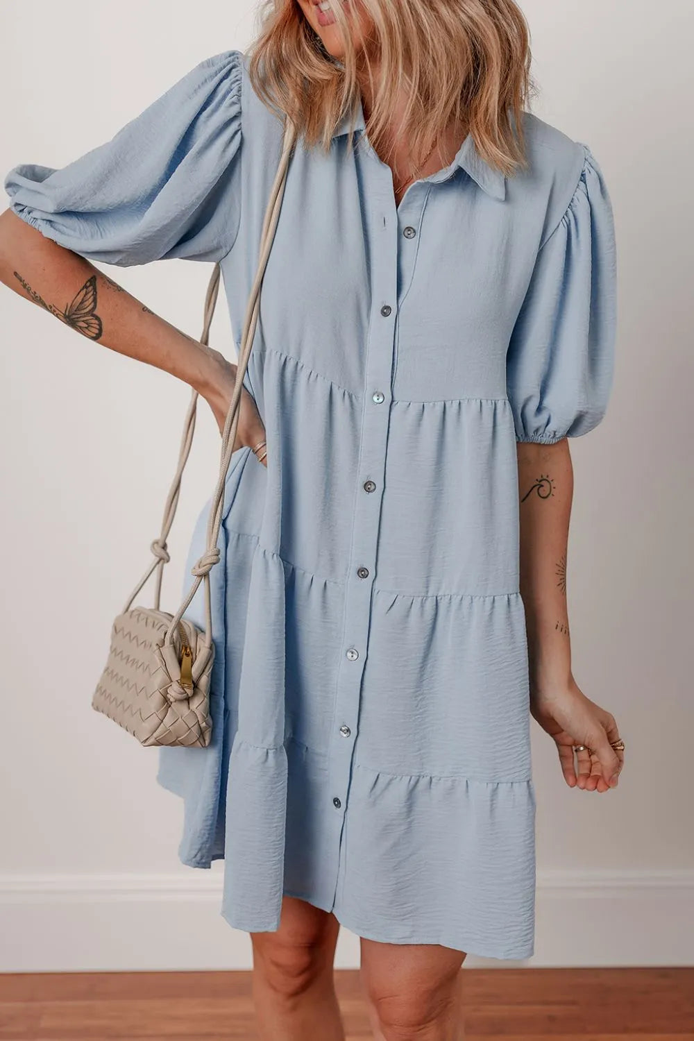 Button Up Puff Sleeve Tiered Shirt Dress - Tigbul's Variety Fashion Shop