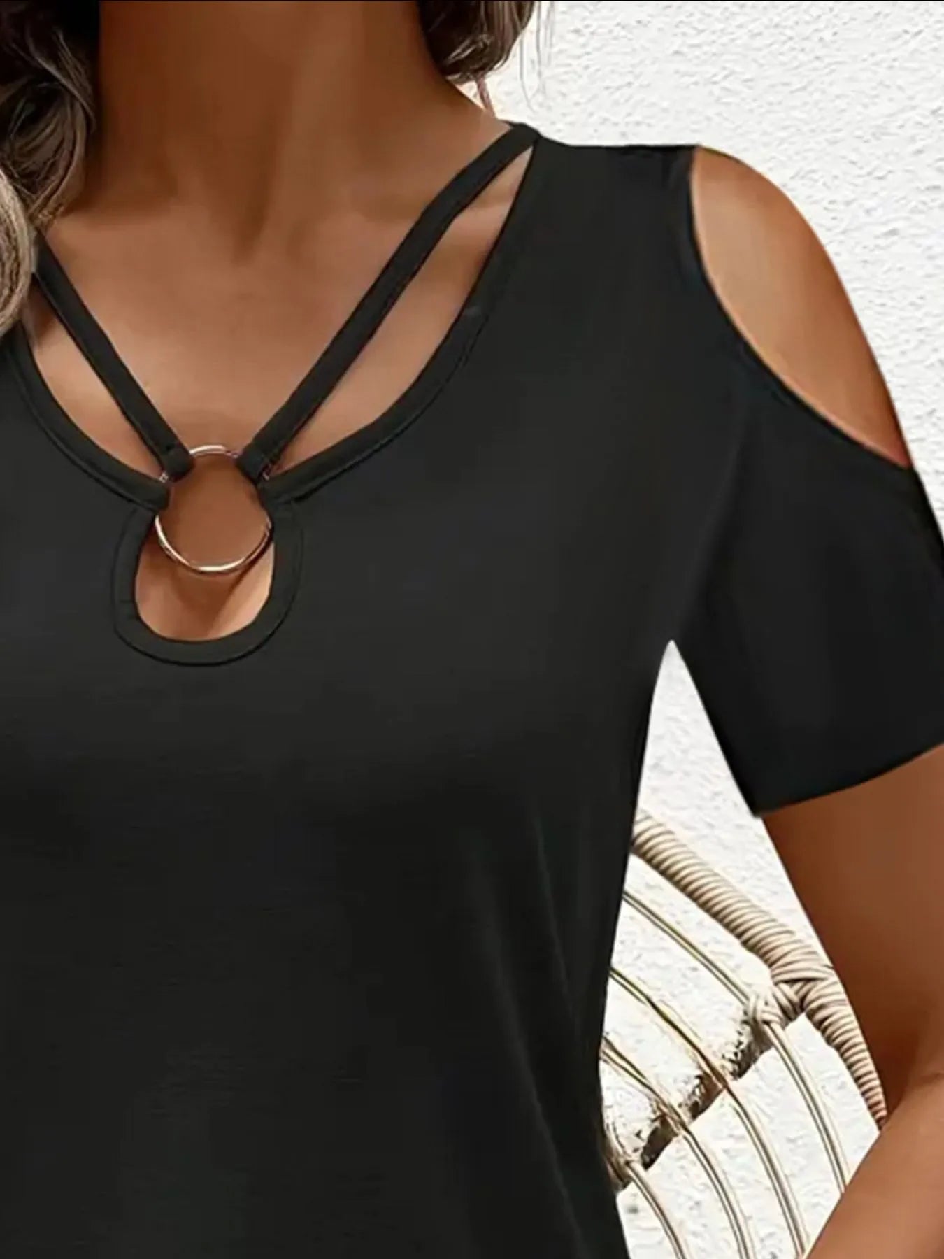 Cold Shoulder T-Shirt with Metal Ring Detail - Tigbul's Variety Fashion Shop