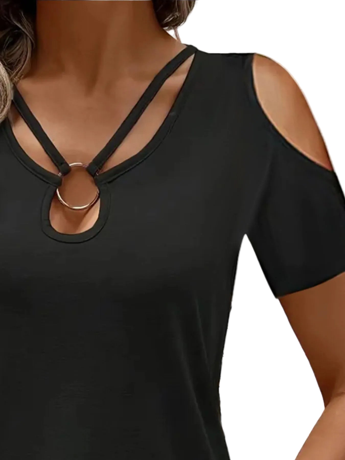Cold Shoulder T-Shirt with Metal Ring Detail - Tigbul's Variety Fashion Shop