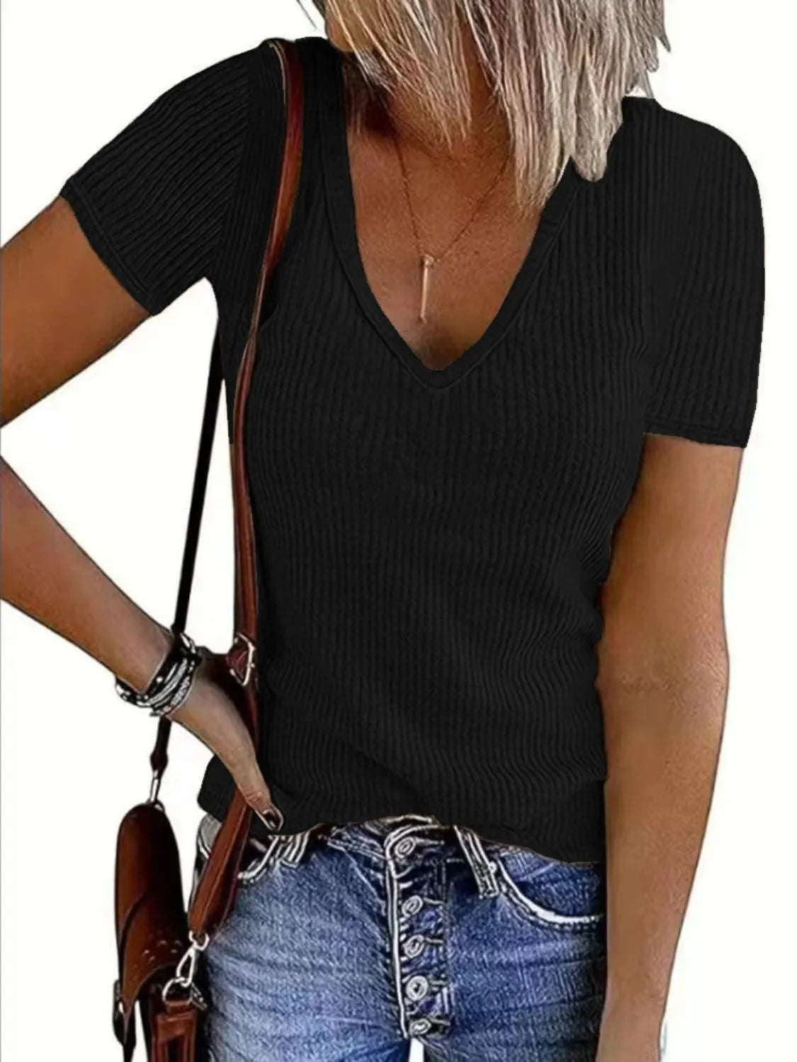 Solid V-Neck Short Sleeve T-Shirt - Tigbul's Variety Fashion Shop