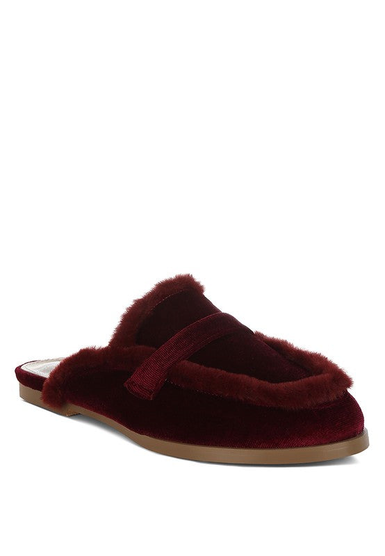 Seyhan Fur Detail Velvet Slip-On Mules - Tigbul's Variety Fashion Shop