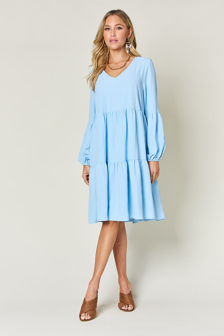 V-Neck Balloon Sleeve Tiered Dress with Pockets - Tigbul's Variety Fashion Shop