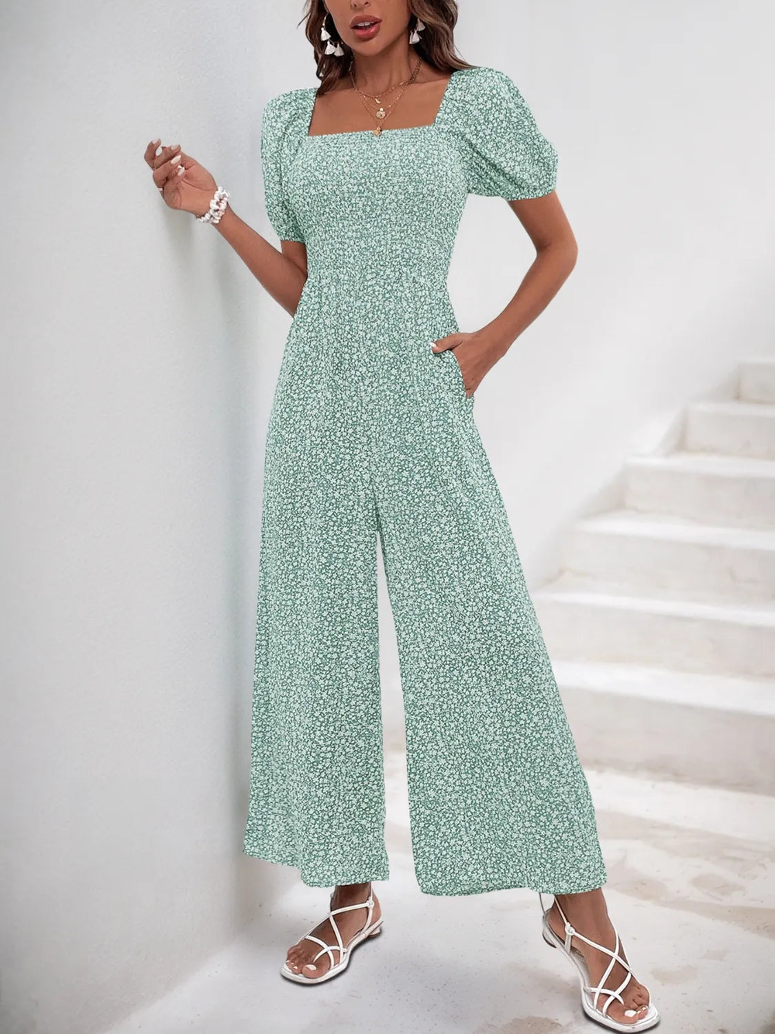 Printed Square Neck Puff Sleeve Jumpsuit - Tigbul's Variety Fashion Shop