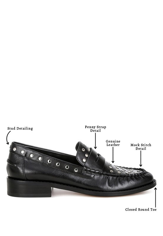 Oglavia Studs Embellished Leather Loafers - Tigbul's Variety Fashion Shop