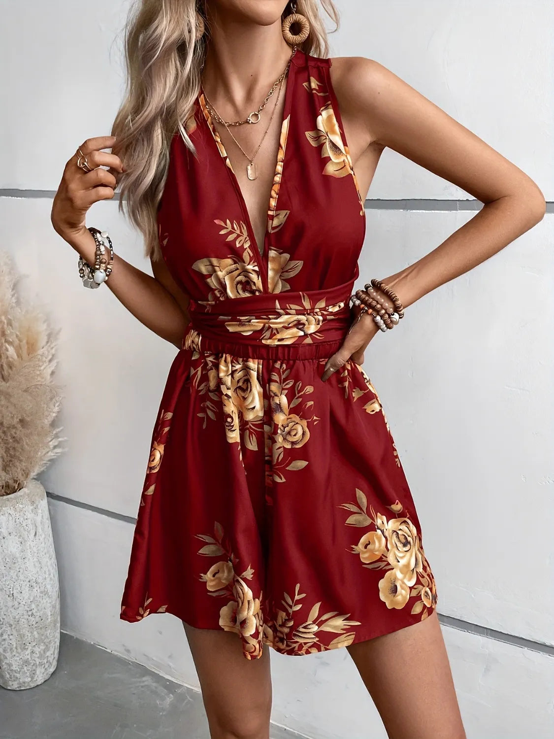 Crisscross Back Printed Romper - Tigbul's Variety Fashion Shop