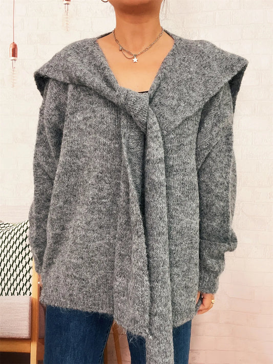 Ribbed Hem V-Neck Sweater with Shawl - Tigbul's Variety Fashion Shop