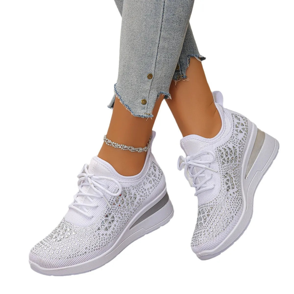 Breathable Mesh Rhinestone Wedge Athletic Sneakers - Tigbul's Variety Fashion Shop