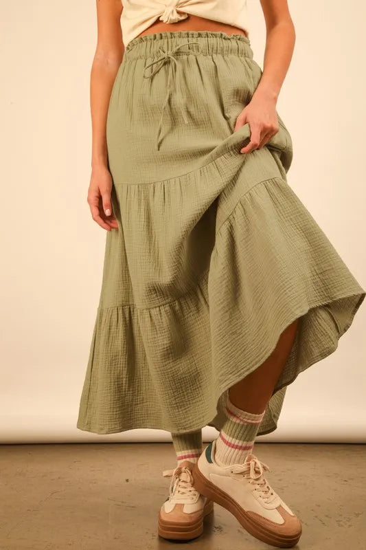 Green Elastic Waist Tiered Maxi Skirt - Tigbul's Variety Fashion Shop